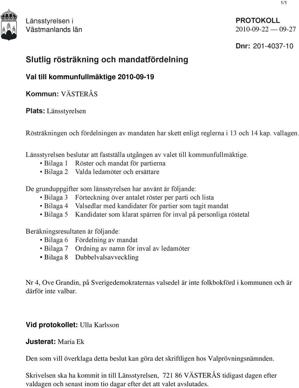 Bilaga 1 Röster och mandat för partierna Bilaga 2 Valda ledamöter och ersättare De grunduppgifter som länsstyrelsen har använt är följande: Bilaga 3 Förteckning över antalet röster per parti och