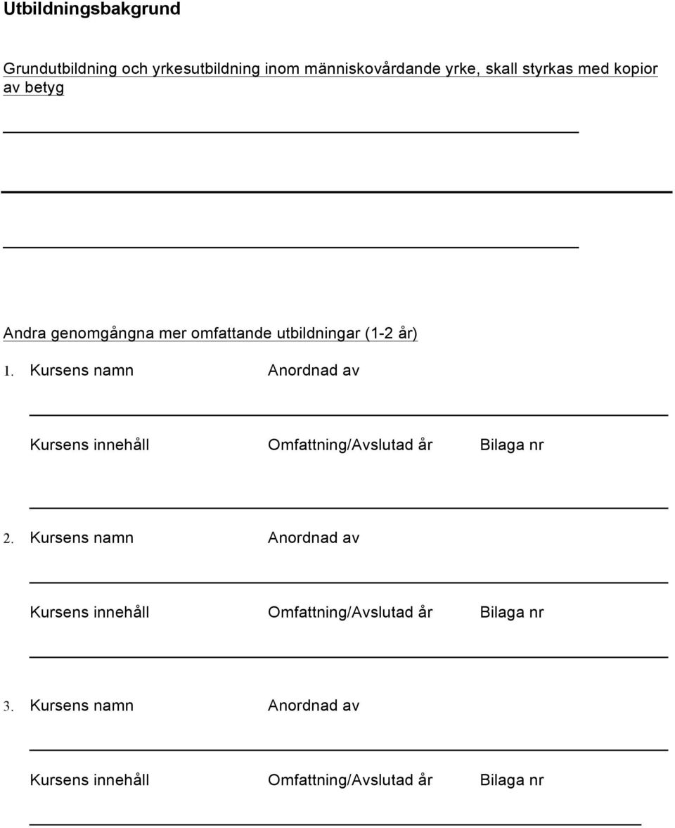 Kursens namn Anordnad av Kursens innehåll Omfattning/Avslutad år Bilaga nr 2.