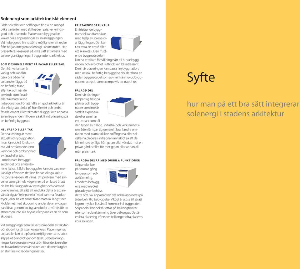 Här presenteras exempel på olika sätt att arbeta med solenergianläggningar i byggnadens arkitektur.