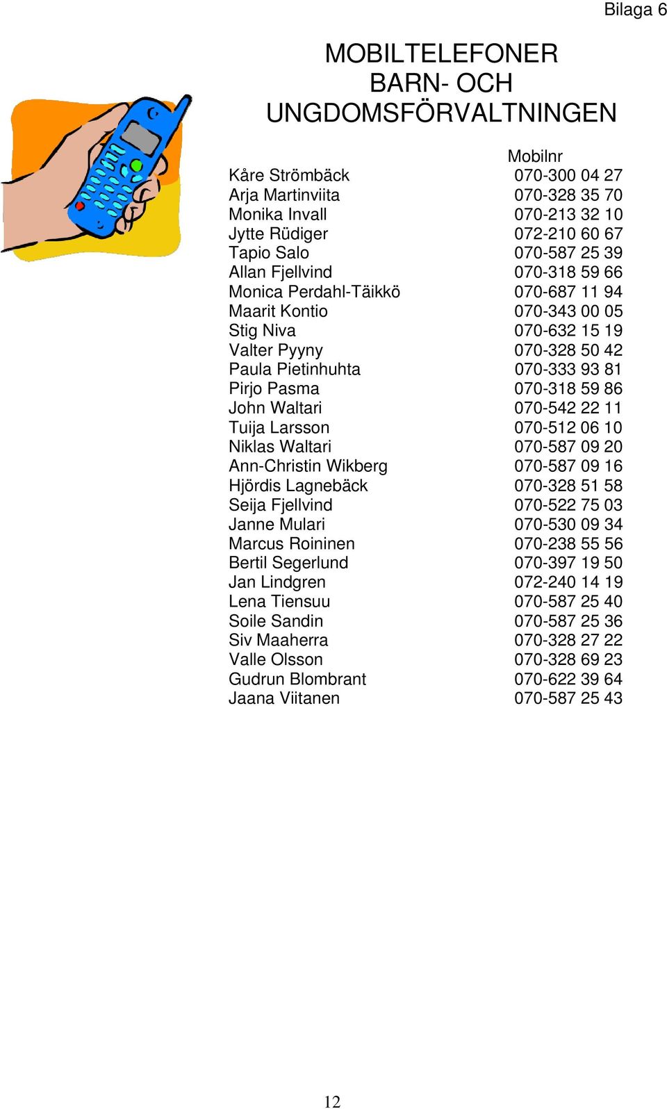 86 John Waltari 070-542 22 11 Tuija Larsson 070-512 06 10 Niklas Waltari 070-587 09 20 Ann-Christin Wikberg 070-587 09 16 Hjördis Lagnebäck 070-328 51 58 Seija Fjellvind 070-522 75 03 Janne Mulari