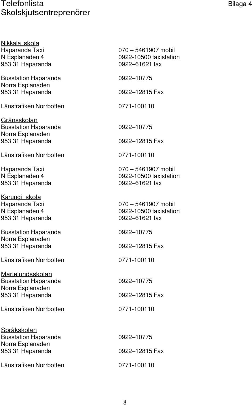 5461907 mobil N Esplanaden 4 0922-10500 taxistation 953 31 Haparanda 0922 61621 fax Karungi skola Haparanda Taxi 070 5461907 mobil N Esplanaden 4 0922-10500 taxistation 953 31 Haparanda 0922 61621