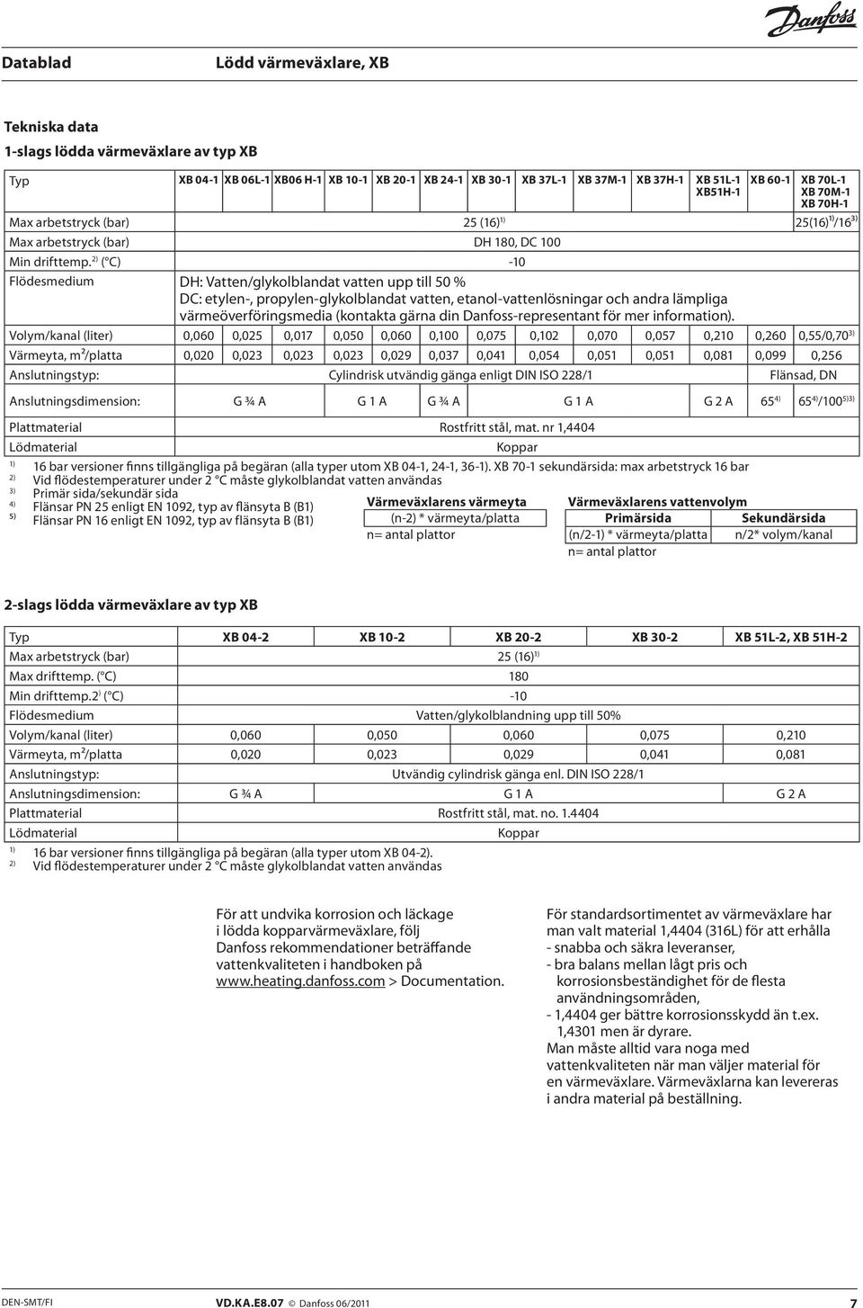 2) ( C) 10 Flödesmedium DH: Vtten/glykollndt vtten upp till % DC: etylen, propylenglykollndt vtten, etnolvttenlösningr och ndr lämplig värmeöverföringsmedi (kontkt gärn din Dnfossrepresentnt för mer