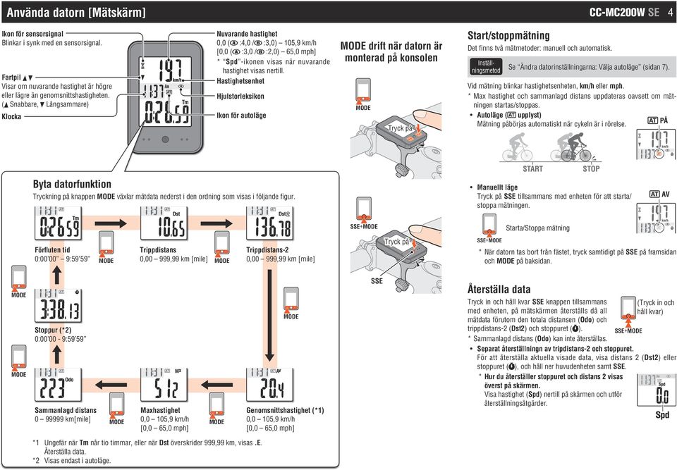 Hastighetsenhet Hjulstorleksikon Ikon för autoläge drift när datorn är monterad på konsolen Tryck på Start/stoppmätning Det finns två mätmetoder: manuell och automatisk.