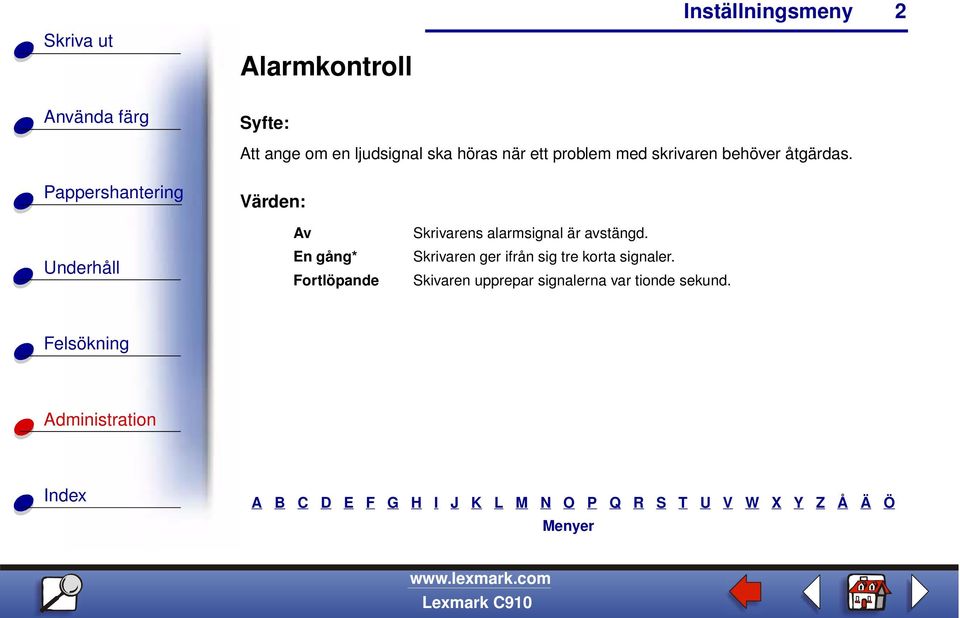 Av En gång* Fortlöpande Skrivarens alarmsignal är avstängd.