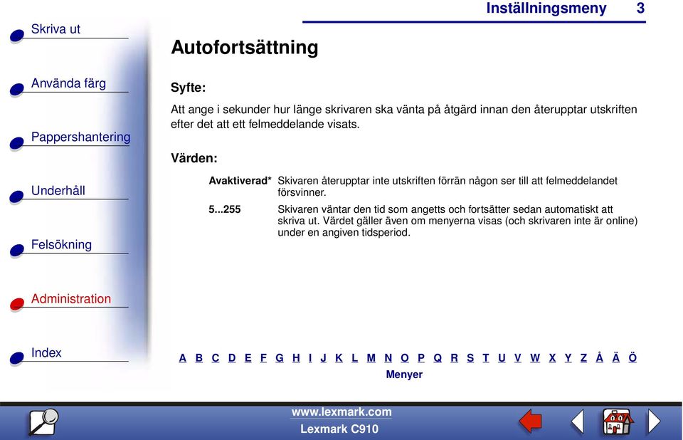 Avaktiverad* Skivaren återupptar inte utskriften förrän någon ser till att felmeddelandet försvinner. 5.