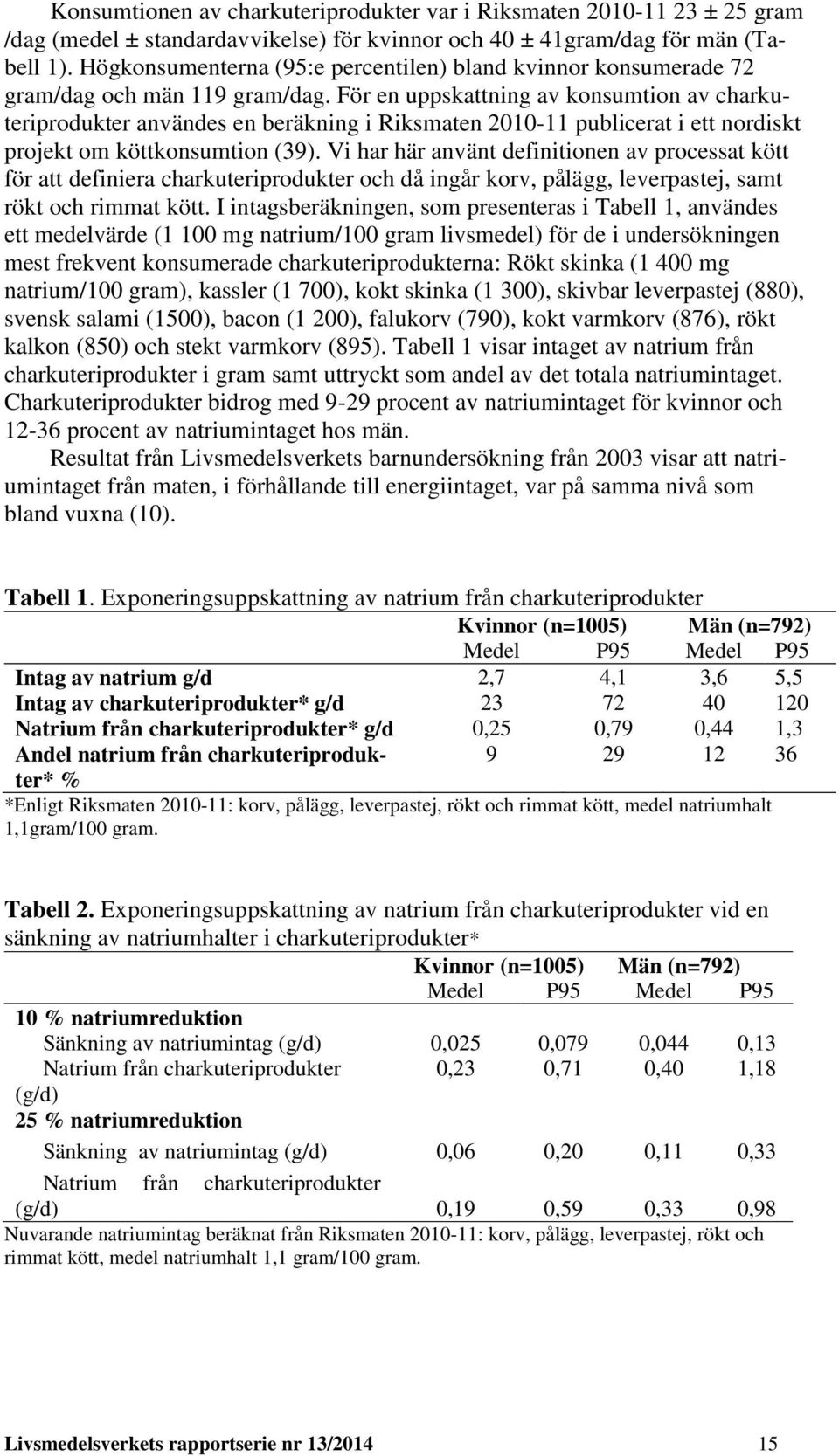 För en uppskattning av konsumtion av charkuteriprodukter användes en beräkning i Riksmaten 2010-11 publicerat i ett nordiskt projekt om köttkonsumtion (39).