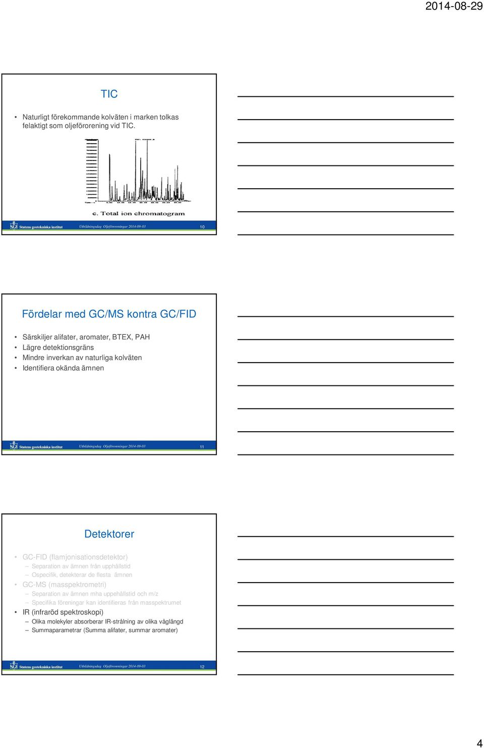 okända ämnen Utbildningsdag Oljeföroreningar 2014-09-03 11 Detektorer GC-FID (flamjonisationsdetektor) Separation av ämnen från upphållstid Ospecifik, detekterar de flesta ämnen GC-MS
