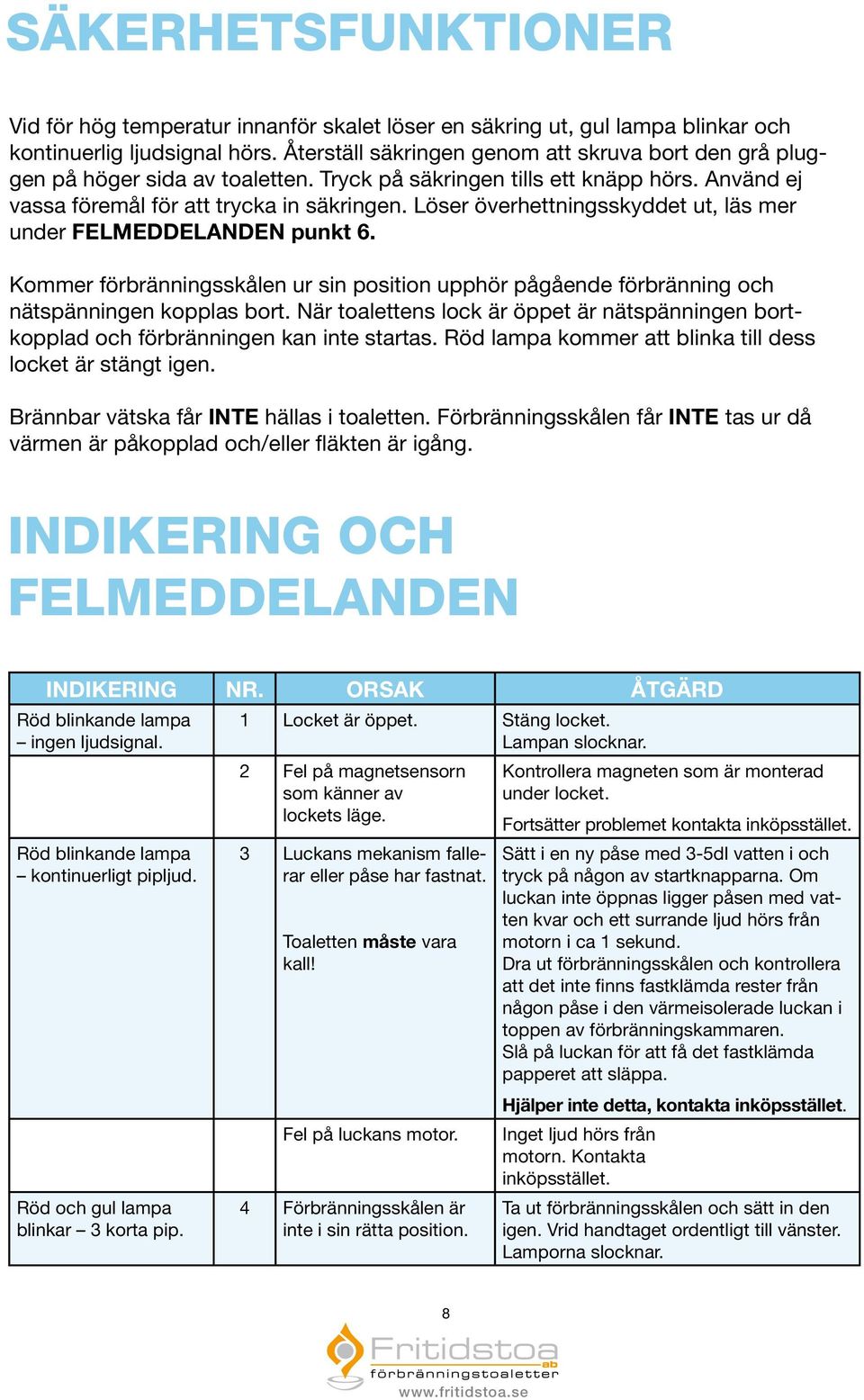 Löser överhettningsskyddet ut, läs mer under FELMEDDELANDEN punkt 6. Kommer förbränningsskålen ur sin position upphör pågående förbränning och nätspänningen kopplas bort.