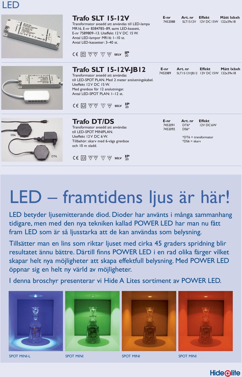 Uteffekt 12 V DC 15 W. Med grenbox för 12 anslutningar. Antal LED-SPOT PLAN: 1 12 st. Art.