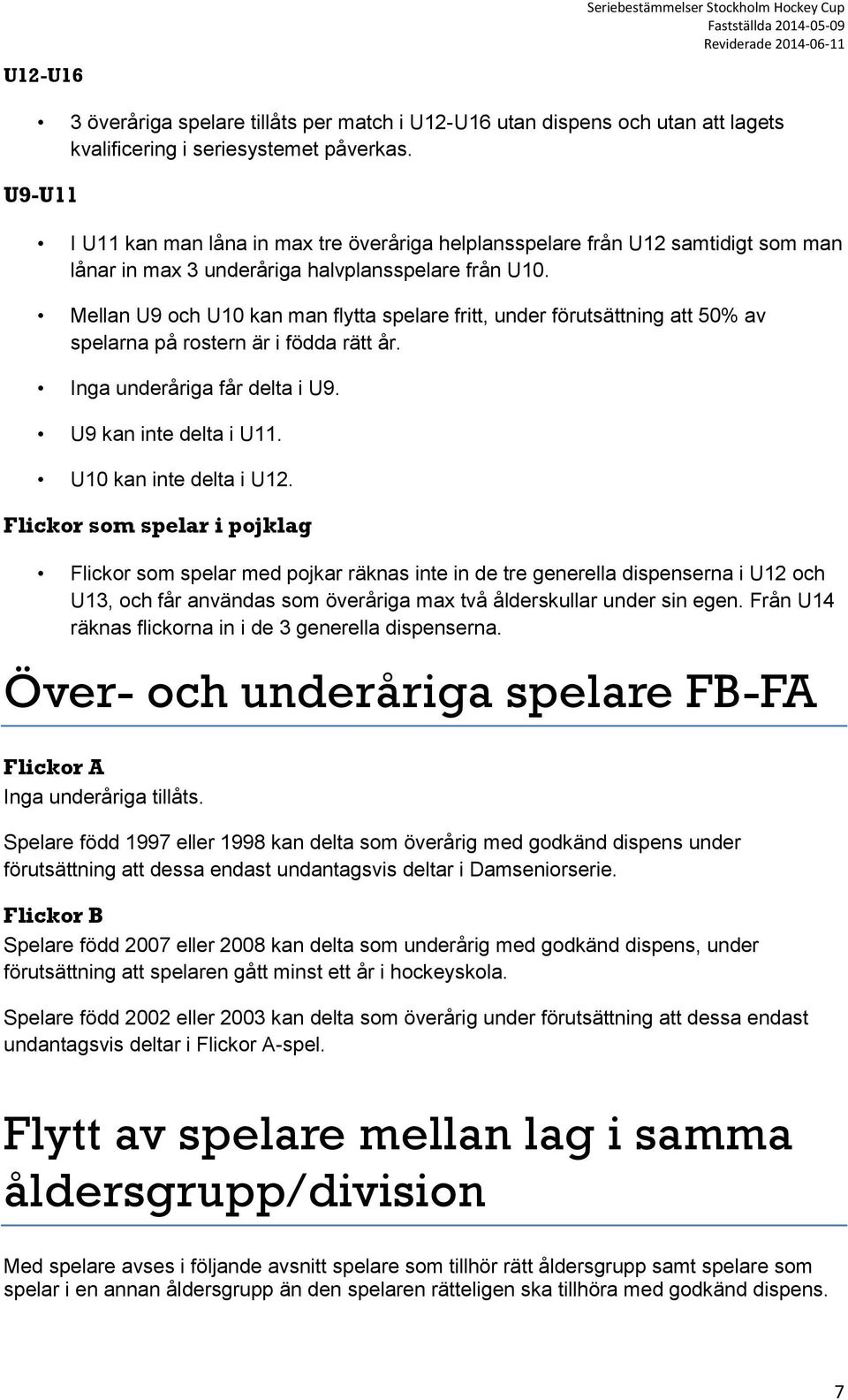 Mellan U9 och U10 kan man flytta spelare fritt, under förutsättning att 50% av spelarna på rostern är i födda rätt år. Inga underåriga får delta i U9. U9 kan inte delta i U11.