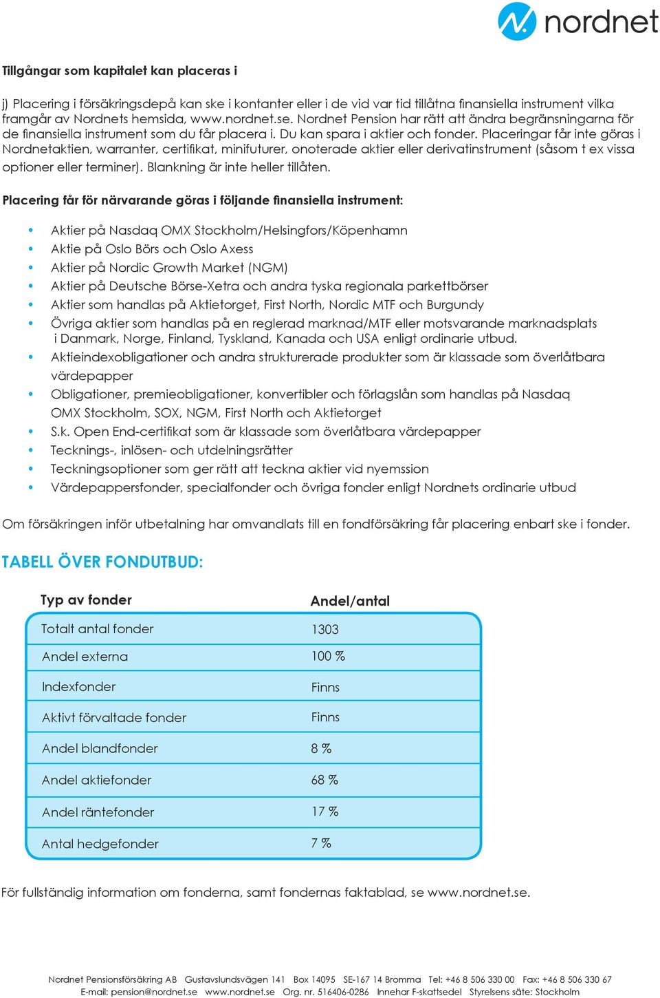 Placeringar får inte göras i Nordnetaktien, warranter, certifikat, minifuturer, onoterade aktier eller derivatinstrument (såsom t ex vissa optioner eller terminer). Blankning är inte heller tillåten.