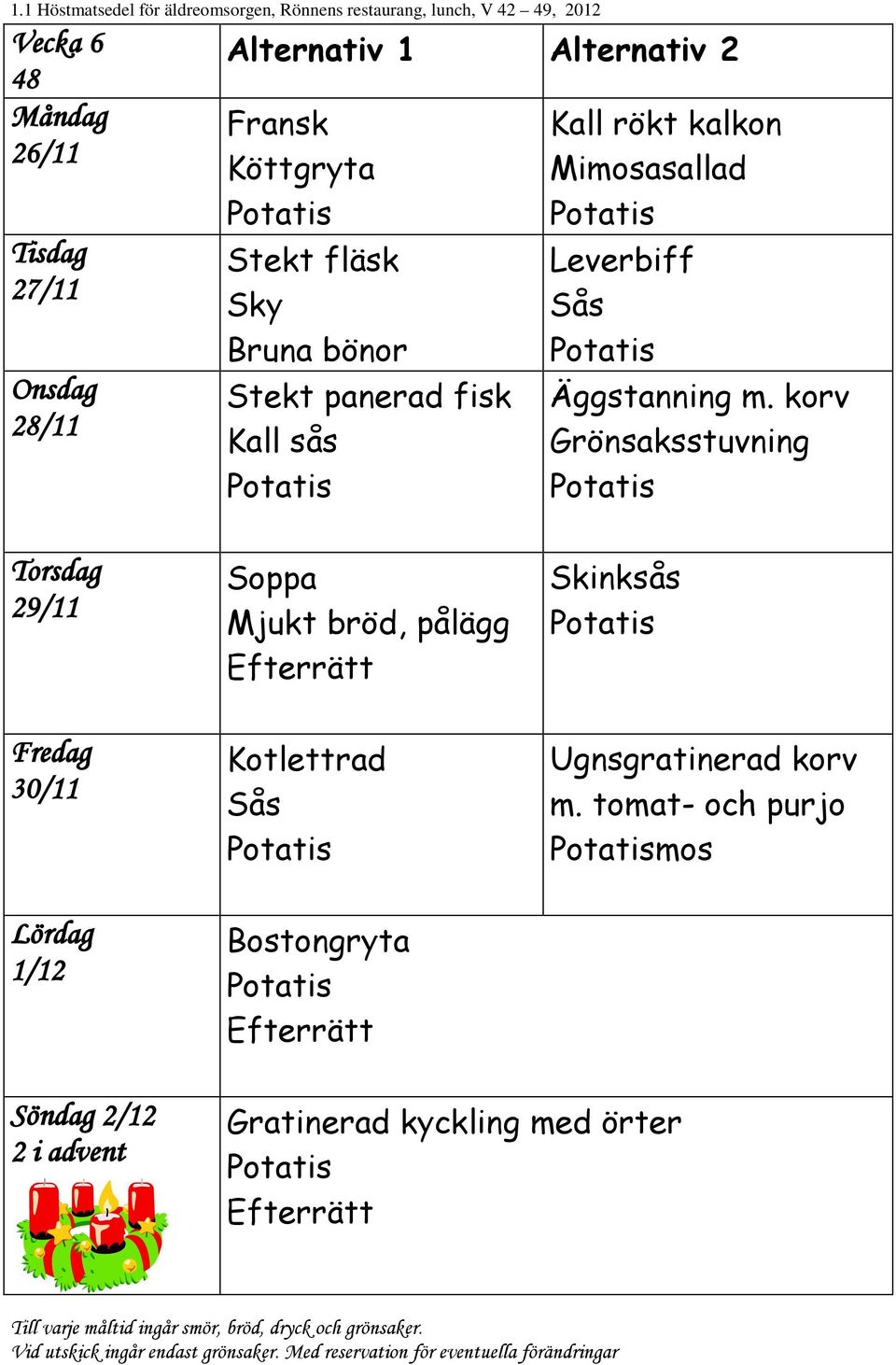 korv Grönsaksstuvning 29/11 30/11 1/12 Kotlettrad Bostongryta Skinksås