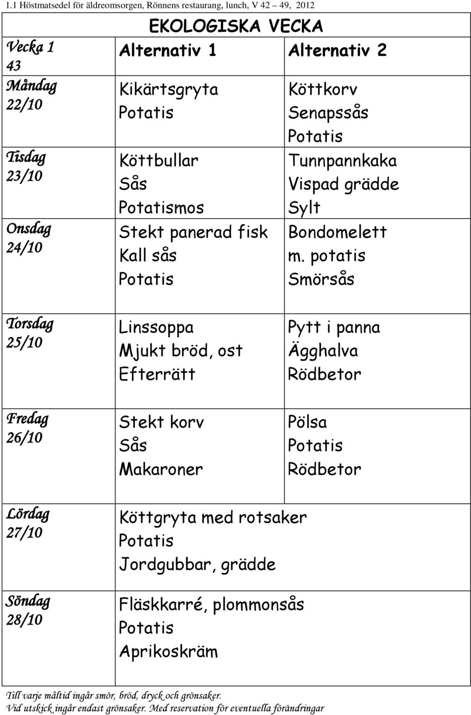 potatis Smörsås 25/10 26/10 Linssoppa Mjukt bröd, ost Stekt korv Makaroner Pytt i panna