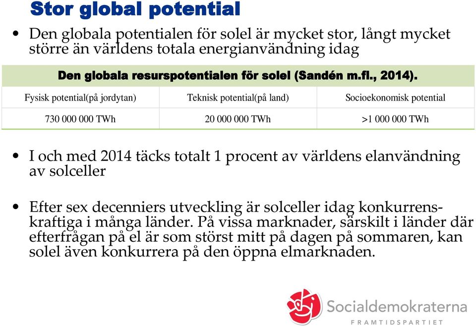 Fysisk potential(på jordytan) Teknisk potential(på land) Socioekonomisk potential 730 000 000 TWh 20 000 000 TWh >1 000 000 TWh I och med 2014 täcks totalt 1