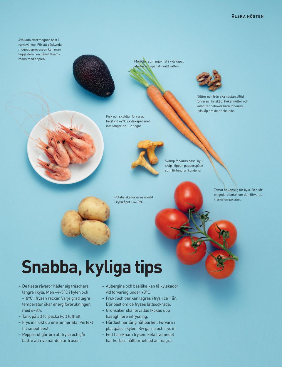 Nötter och frön ska nästan alltid förvaras i kylskåp. Pekannötter och valnötter behöver bara förvaras i kylskåp om de är skalade.