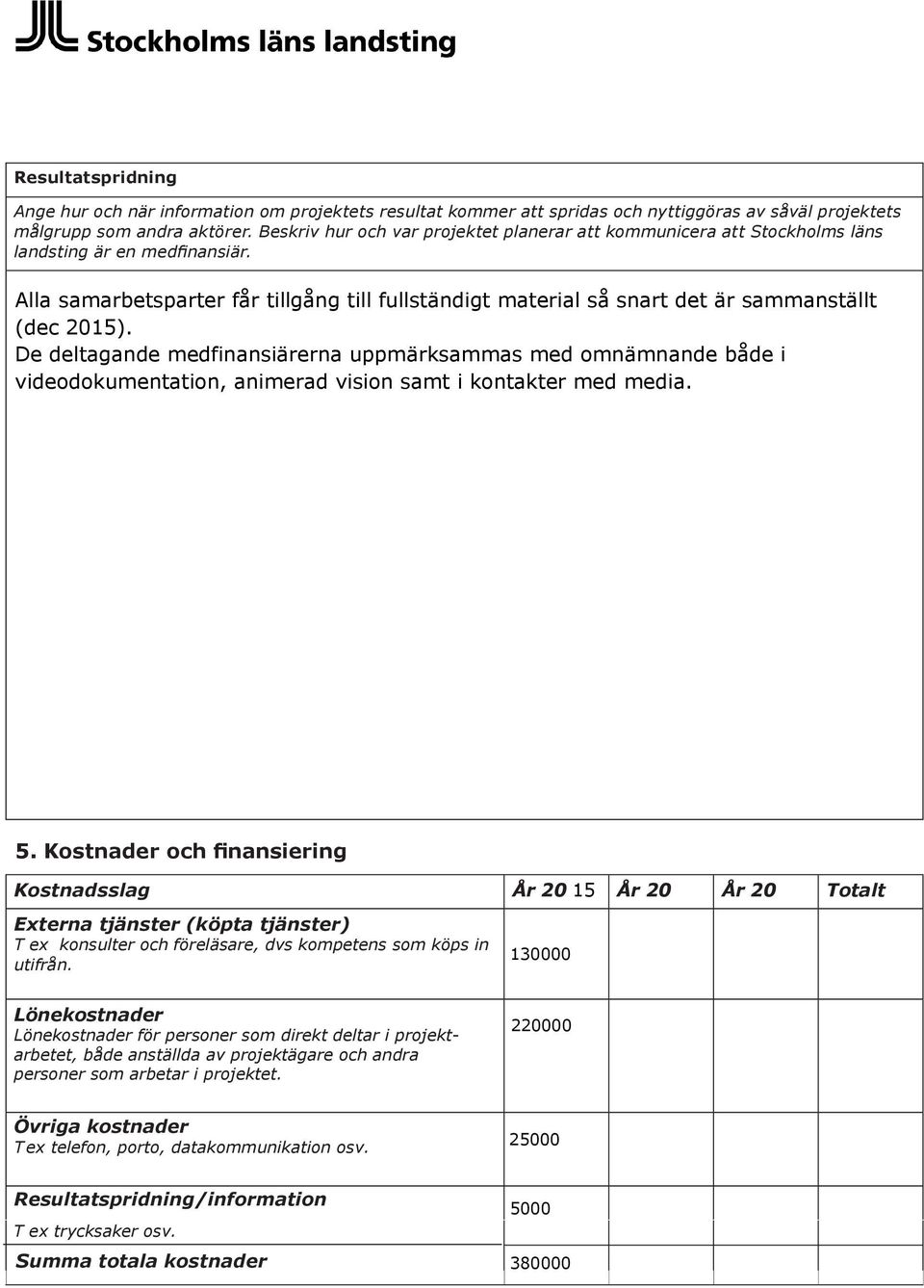 Kostnader och finansiering Kostnadsslag År 20 År 20 År 20 Totalt Externa tjänster (köpta tjänster) T ex konsulter och föreläsare, dvs kompetens som köps in utifrån.