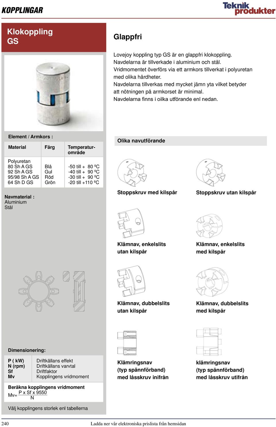 Element / Armkors : Material Färg Temperaturområde Polyuretan 80 Sh A GS Blå -50 till + 80 ºC 92 Sh A GS Gul -40 till + 90 ºC 95/98 Sh A GS Röd -30 till + 90 ºC 64 Sh D GS Grön -20 till +110 ºC