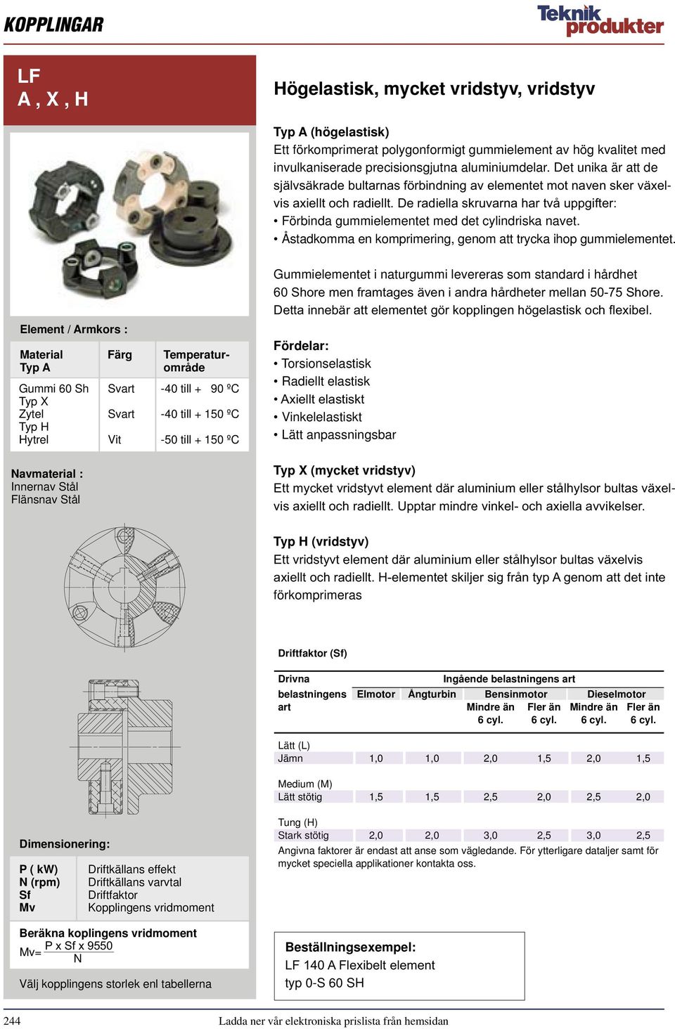 Element / Armkors : Material Färg Temperatur- Typ A område Gummi 60 Sh Svart -40 till + 90 ºC Typ X Zytel Svart -40 till + 150 ºC Typ H Hytrel Vit -50 till + 150 ºC Navmaterial : Innernav Stål