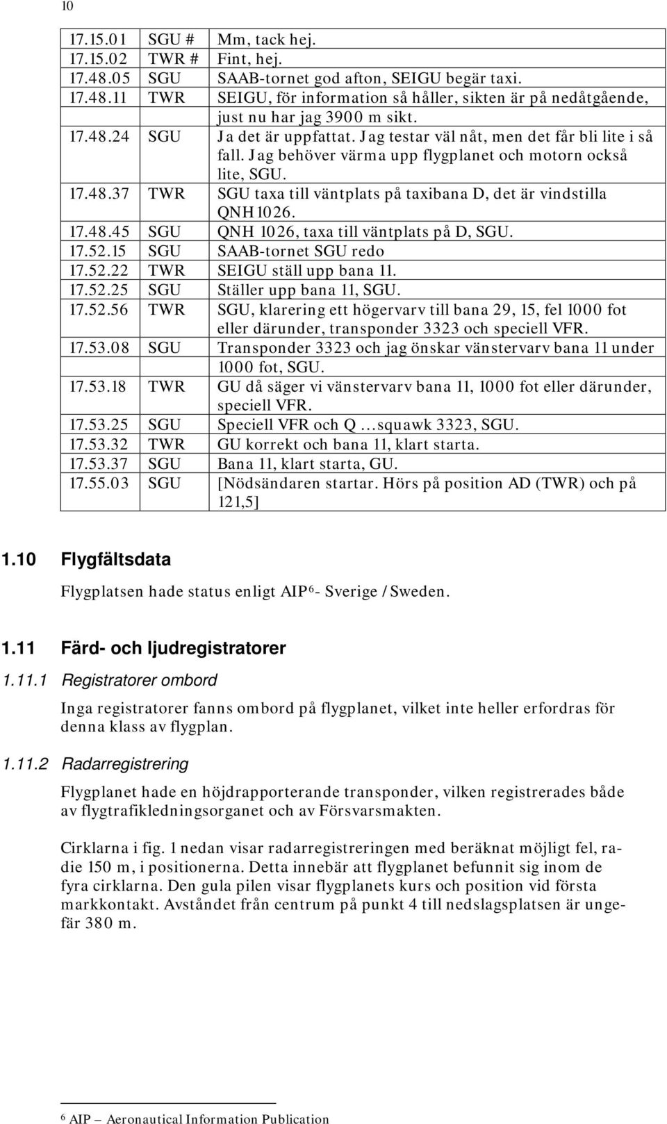 17.48.45 SGU QNH 1026, taxa till väntplats på D, SGU. 17.52.15 SGU SAAB-tornet SGU redo 17.52.22 TWR SEIGU ställ upp bana 11. 17.52.25 SGU Ställer upp bana 11, SGU. 17.52.56 TWR SGU, klarering ett högervarv till bana 29, 15, fel 1000 fot eller därunder, transponder 3323 och speciell VFR.