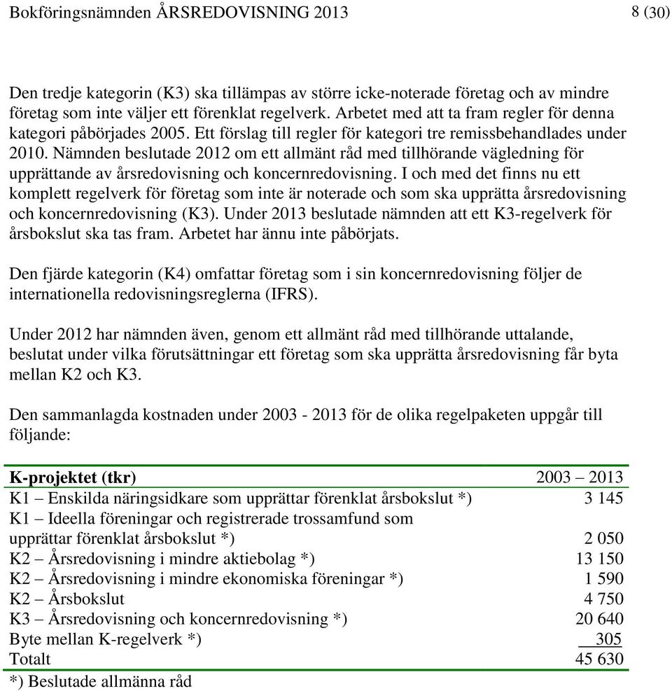 Nämnden beslutade 2012 om ett allmänt råd med tillhörande vägledning för upprättande av årsredovisning och koncernredovisning.