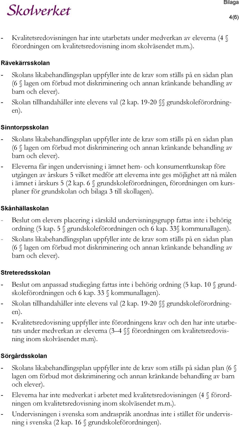 Sinntorpsskolan - Skolans likabehandlingsplan uppfyller inte de krav som ställs på en sådan plan (6 lagen om förbud mot diskriminering och annan kränkande behandling av barn och elever).