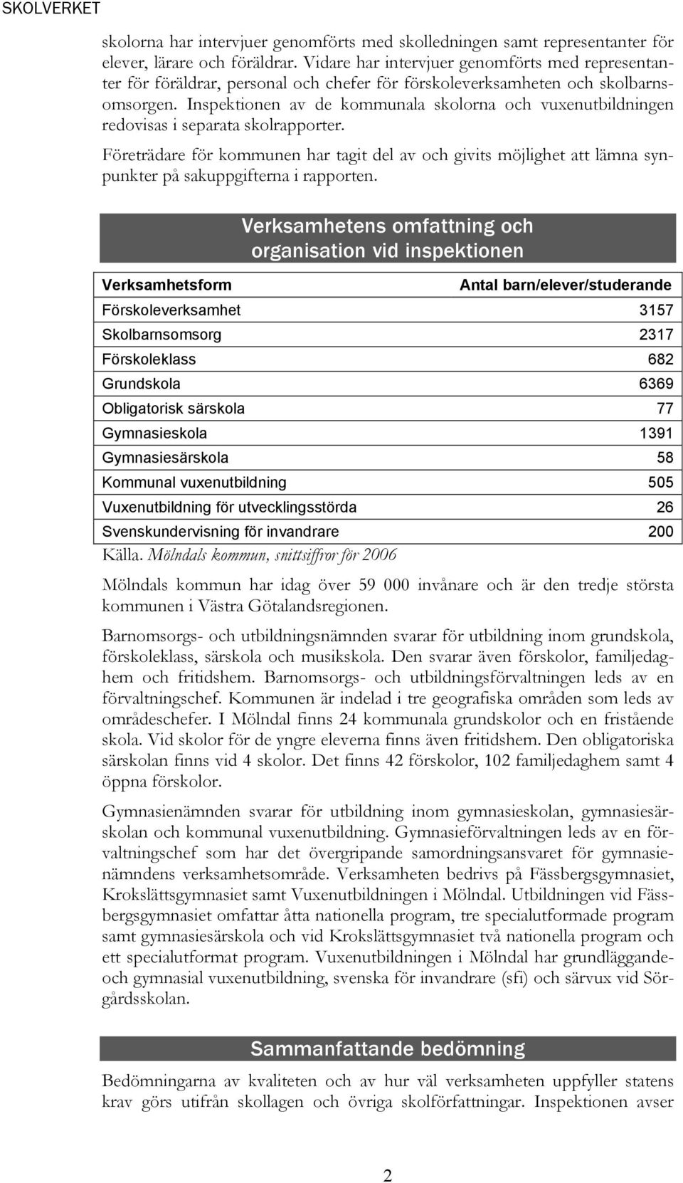 Inspektionen av de kommunala skolorna och vuxenutbildningen redovisas i separata skolrapporter.