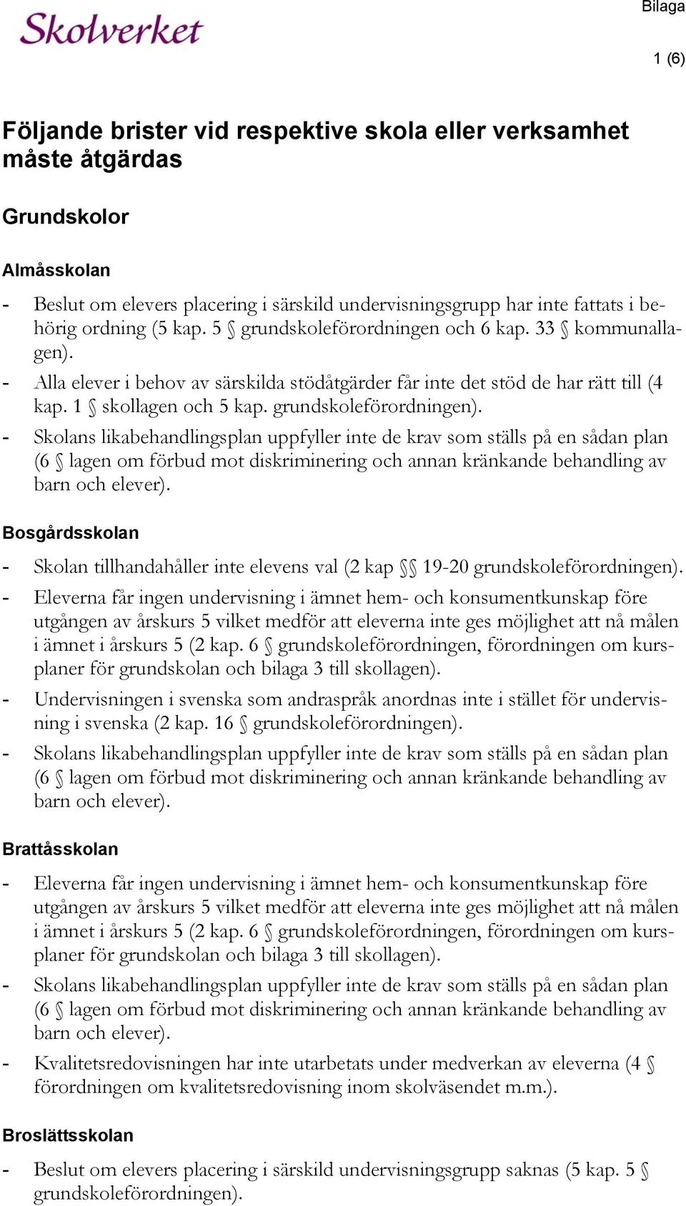 grundskoleförordningen). - Skolans likabehandlingsplan uppfyller inte de krav som ställs på en sådan plan (6 lagen om förbud mot diskriminering och annan kränkande behandling av barn och elever).