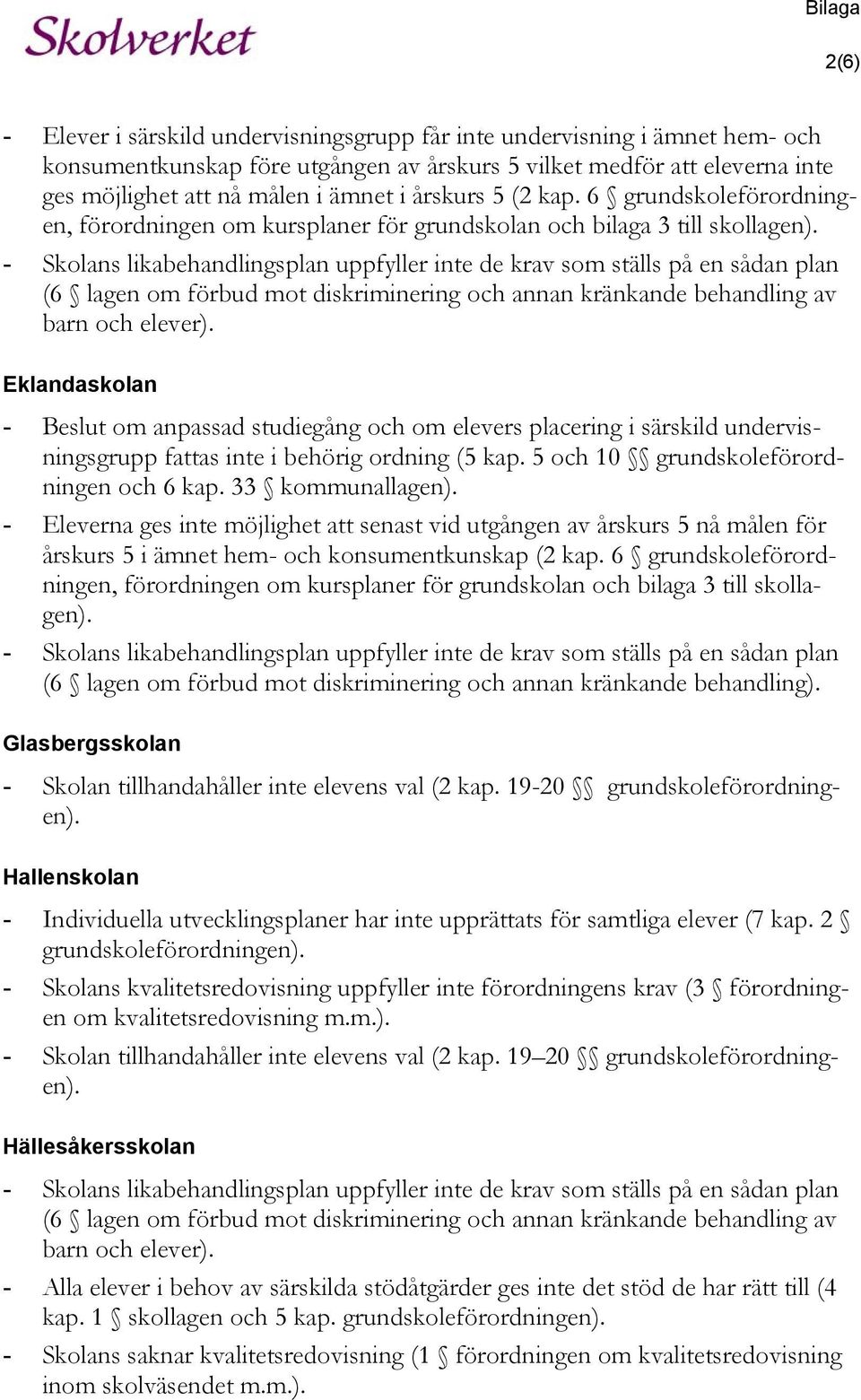 - Skolans likabehandlingsplan uppfyller inte de krav som ställs på en sådan plan (6 lagen om förbud mot diskriminering och annan kränkande behandling av barn och elever).