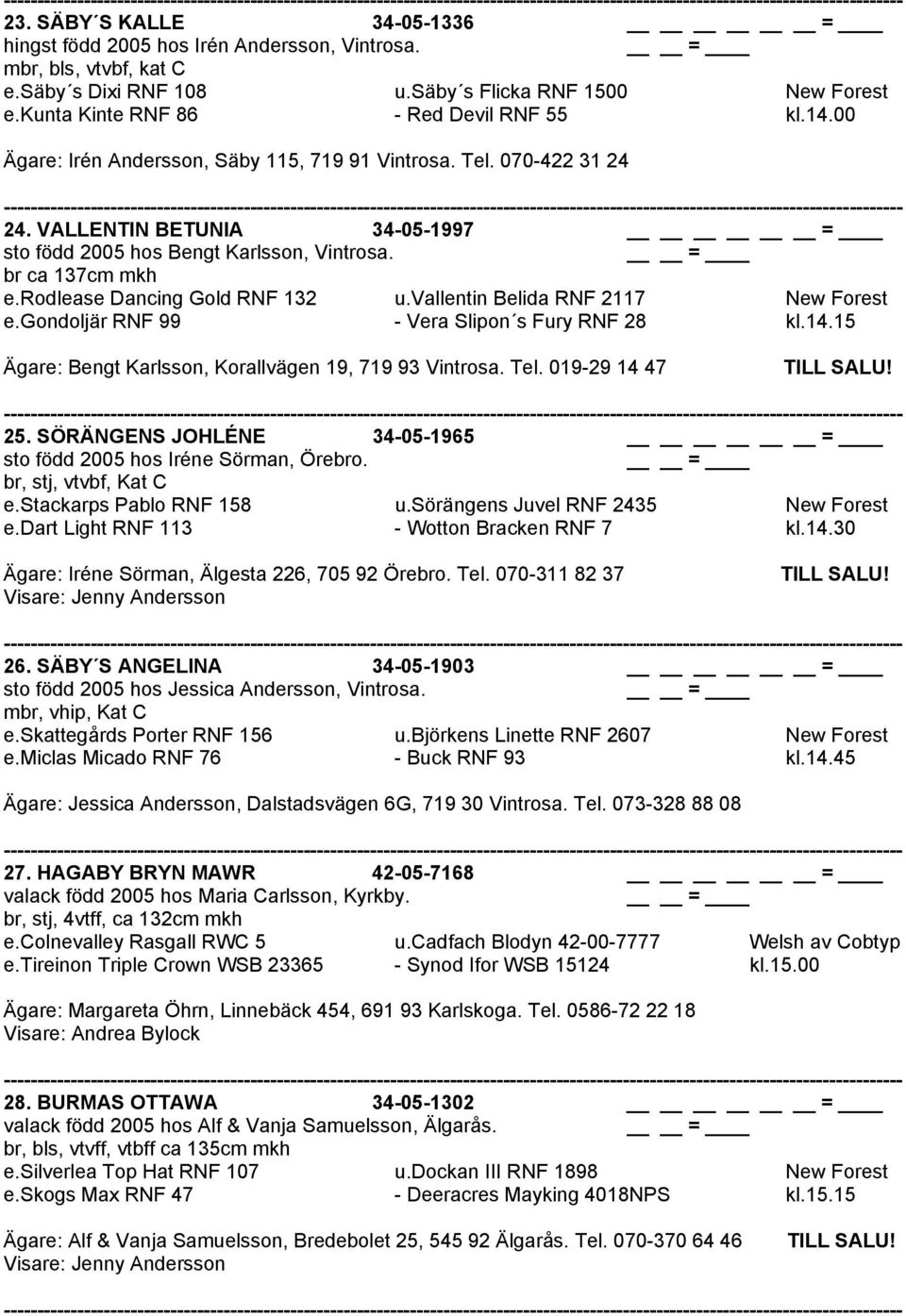 rodlease Dancing Gold RNF 132 u.vallentin Belida RNF 2117 New Forest e.gondoljär RNF 99 - Vera Slipon s Fury RNF 28 kl.14.15 Ägare: Bengt Karlsson, Korallvägen 19, 719 93 Vintrosa. Tel.