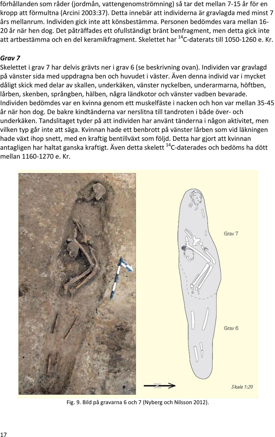 Det påträffades ett ofullständigt bränt benfragment, men detta gick inte att artbestämma och en del keramikfragment. Skelettet har 14 C- daterats till 1050-1260 e. Kr.