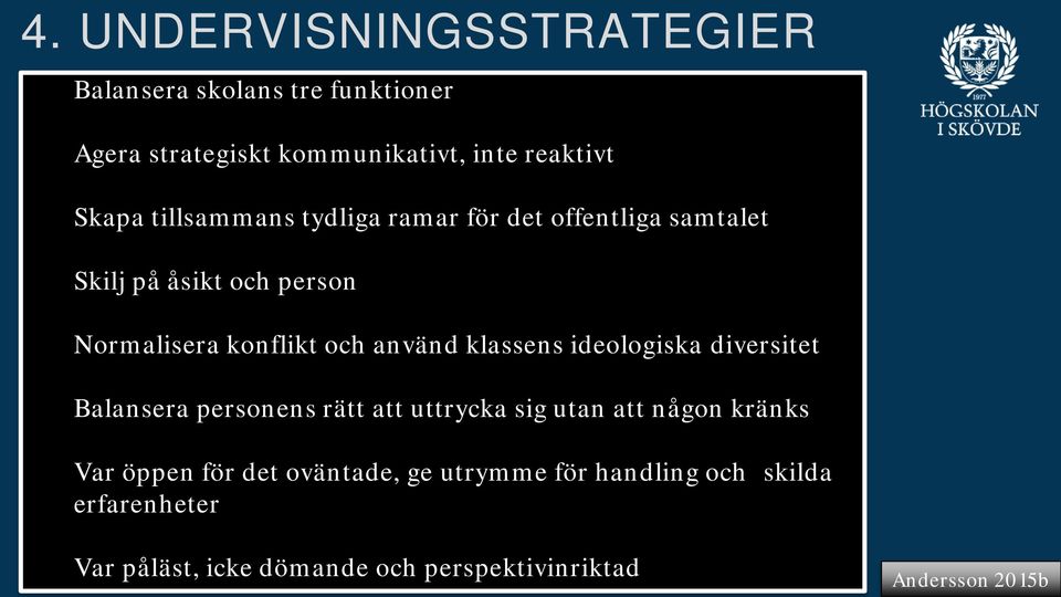 klassens ideologiska diversitet Balansera personens rätt att uttrycka sig utan att någon kränks Var öppen för det