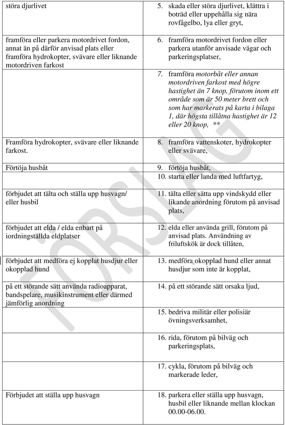 Förtöja husbåt förbjudet att tälta och ställa upp husvagn/ eller husbil förbjudet att elda / elda enbart på iordningställda eldplatser förbjudet att medföra ej kopplat husdjur eller okopplad hund på