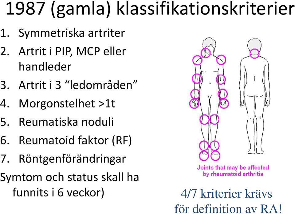 Morgonstelhet >1t 5. Reumatiska noduli 6. Reumatoid faktor (RF) 7.