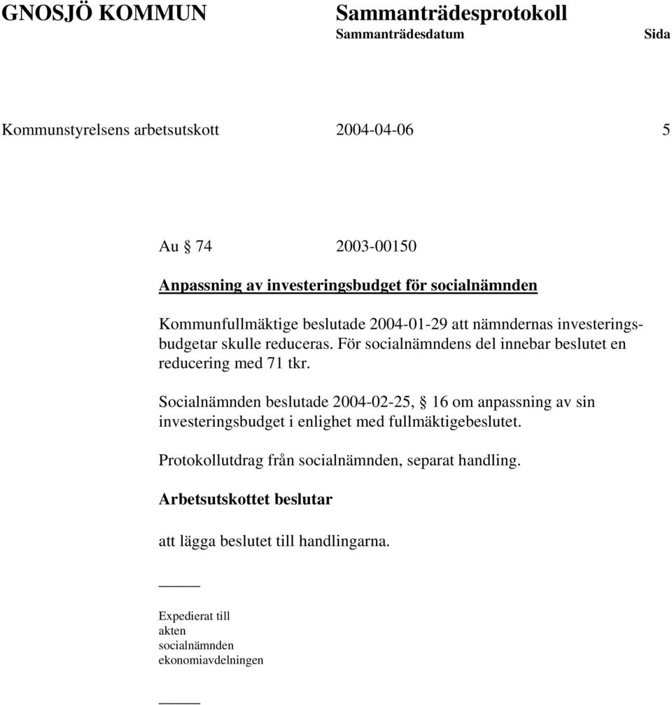 Socialnämnden beslutade 2004-02-25, 16 om anpassning av sin investeringsbudget i enlighet med fullmäktigebeslutet.