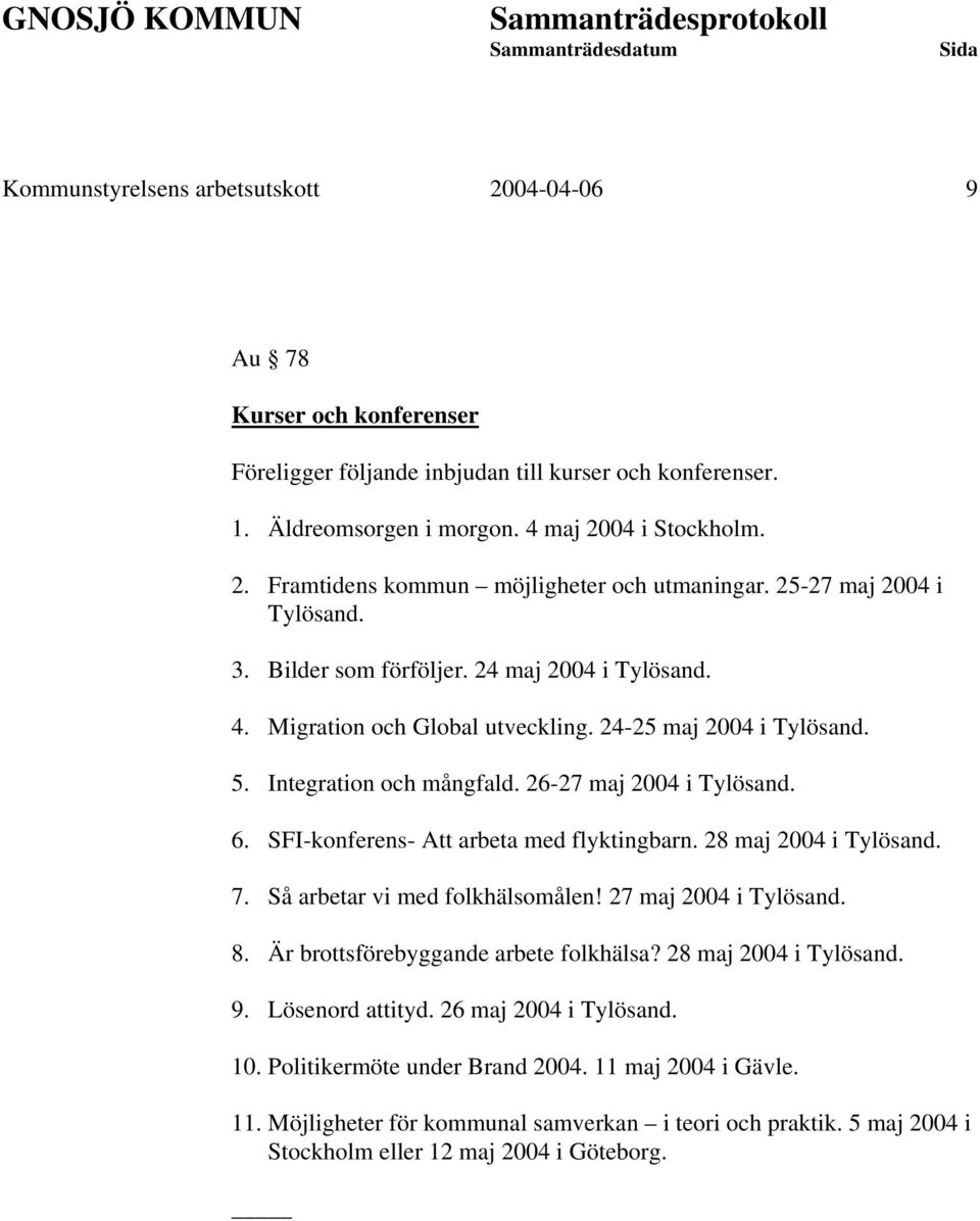 SFI-konferens- Att arbeta med flyktingbarn. 28 maj 2004 i Tylösand. 7. Så arbetar vi med folkhälsomålen! 27 maj 2004 i Tylösand. 8. Är brottsförebyggande arbete folkhälsa? 28 maj 2004 i Tylösand. 9.