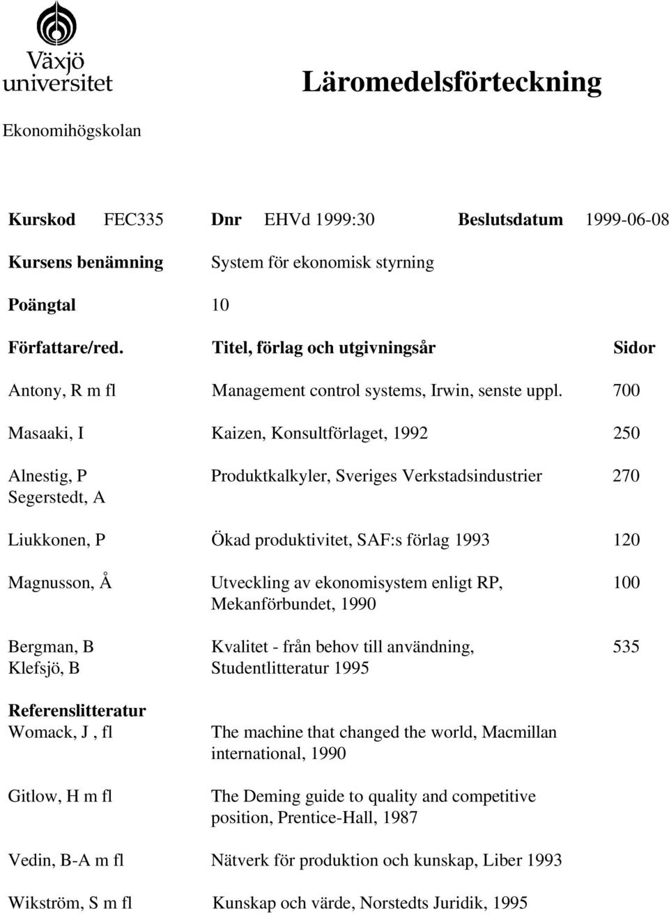 Mekanförbundet, 1990 Studentlitteratur 1995 The Deming guide to quality and