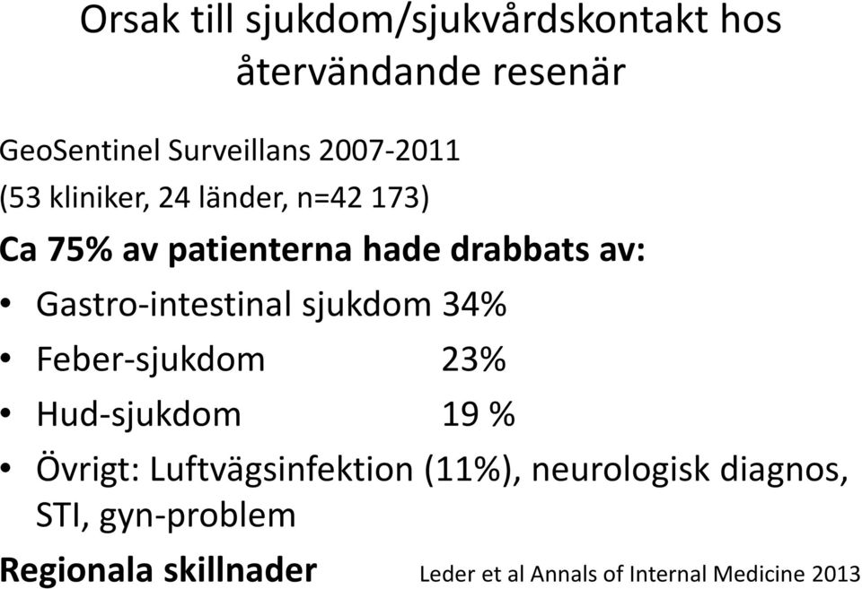 Gastro-intestinal sjukdom 34% Feber-sjukdom 23% Hud-sjukdom 19 % Övrigt: Luftvägsinfektion