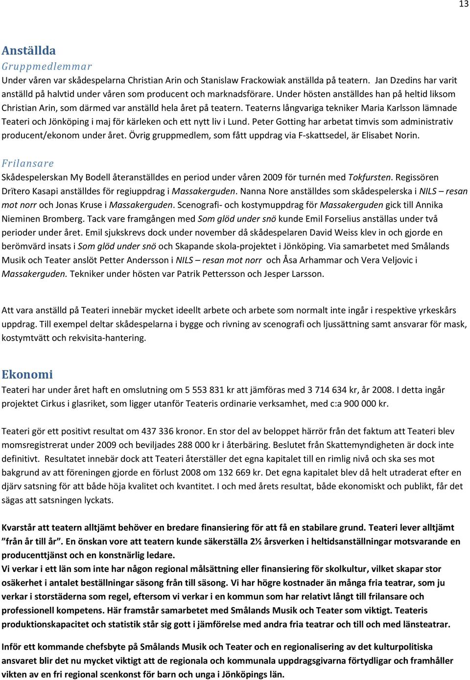 Teaterns långvariga tekniker Maria Karlsson lämnade Teateri och Jönköping i maj för kärleken och ett nytt liv i Lund. Peter Gotting har arbetat timvis som administrativ producent/ekonom under året.
