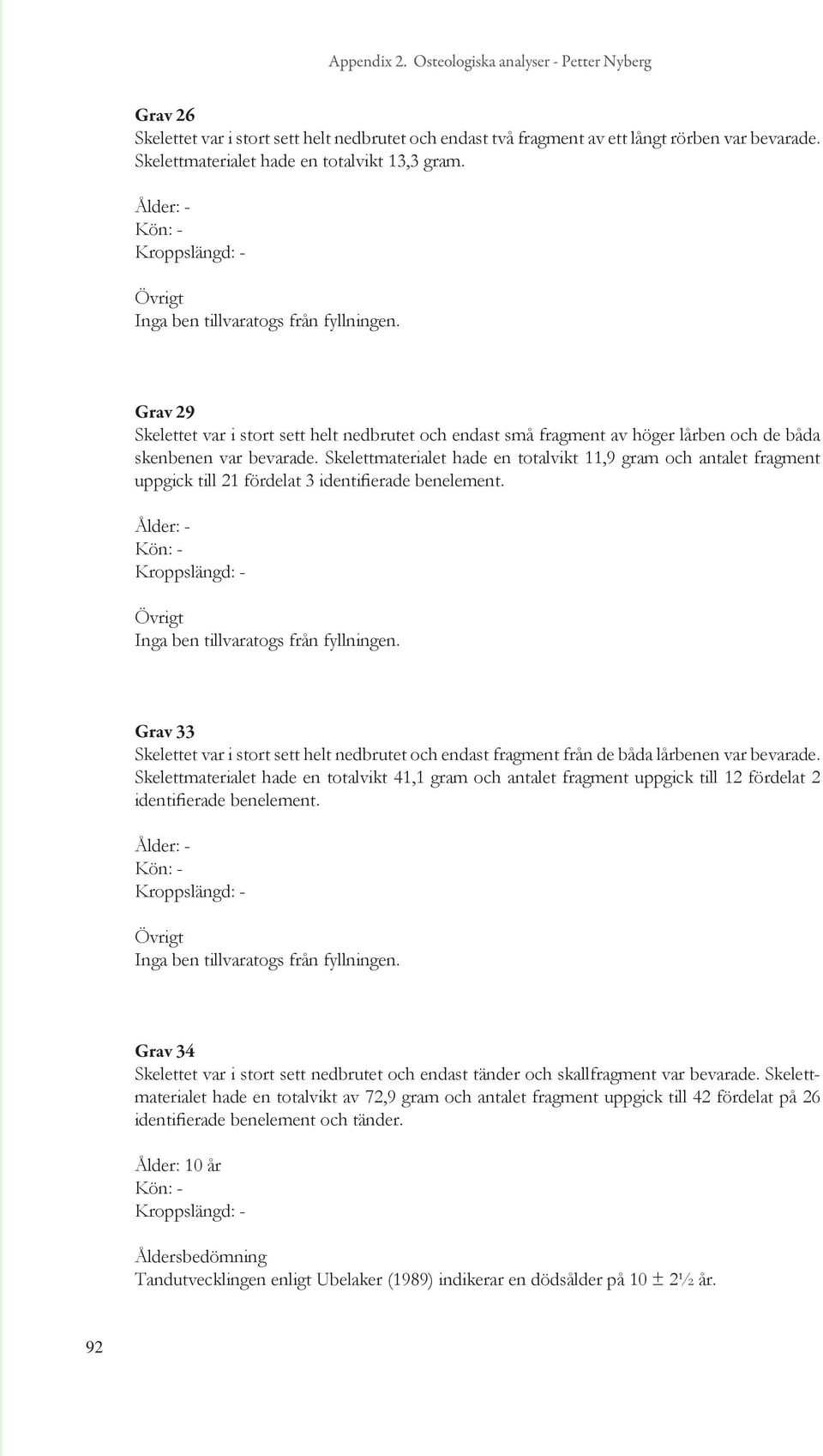 Grav 29 Skelettet var i stort sett helt nedbrutet och endast små fragment av höger lårben och de båda skenbenen var bevarade.
