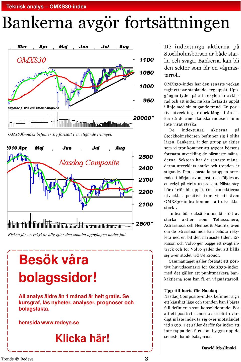 Se kursgraf, läs nyheter, analyser, prognoser och bolagsfakta. hemsida www.redeye.se Klicka här! OMXs30-index har den senaste veckan tagit ett par staplande steg uppåt.
