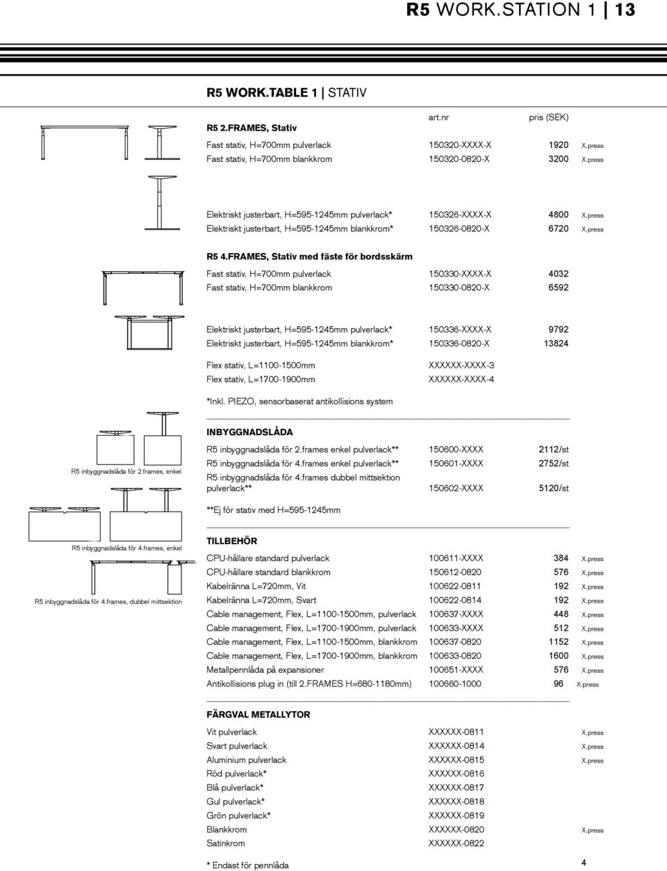 FRAMES, Stativ med fäste för bordsskärm Fast stativ, H=700mm pulverlack 150330-XXXX-X 4032 Fast stativ, H=700mm blankkrom 150330-0820-X 6592 Elektriskt justerbart, H=595-1245mm pulverlack*