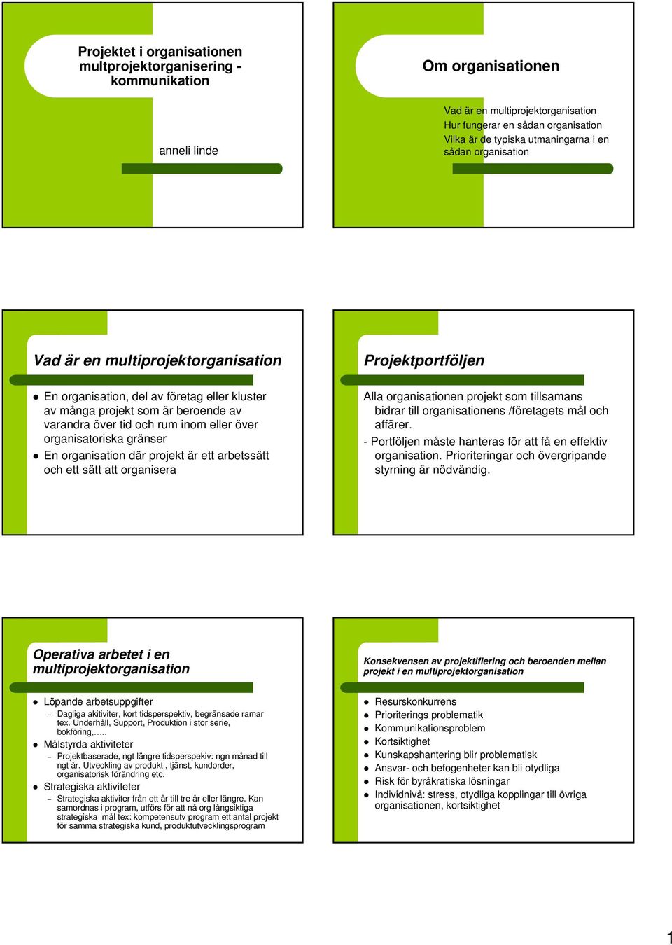 organisatoriska gränser En organisation där projekt är ett arbetssätt och ett sätt att organisera Projektportföljen Alla organisationen projekt som tillsamans bidrar till organisationens /företagets