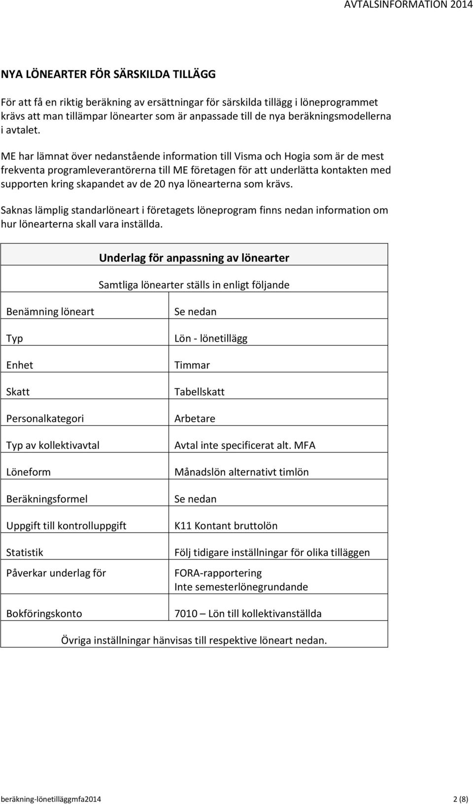 ME har lämnat över nedanstående information till Visma och Hogia som är de mest frekventa programleverantörerna till ME företagen för att underlätta kontakten med supporten kring skapandet av de 20
