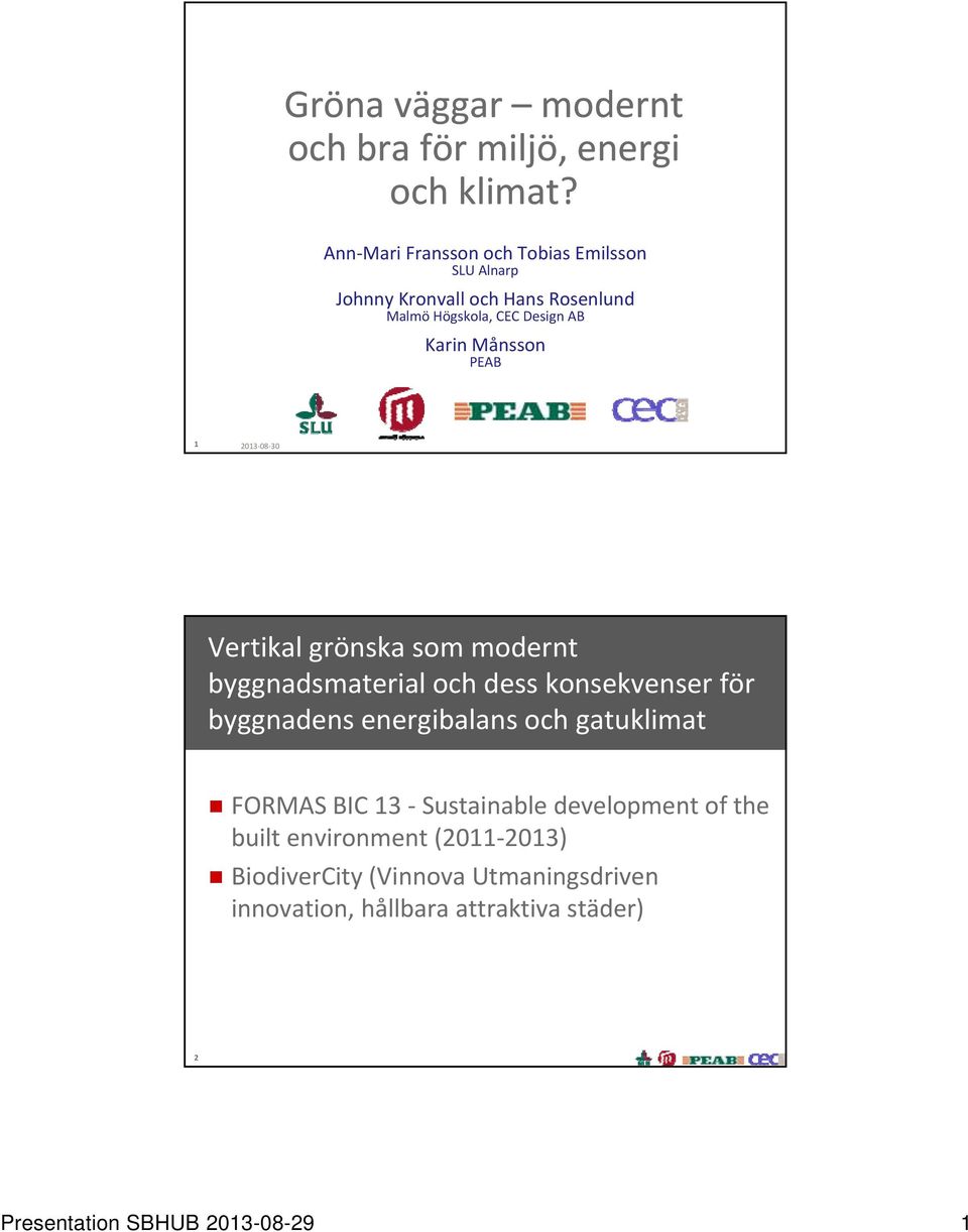 Månsson PEAB 1 2013 08 30 Vertikal grönska som modernt byggnadsmaterial och dess konsekvenser för byggnadens energibalans och