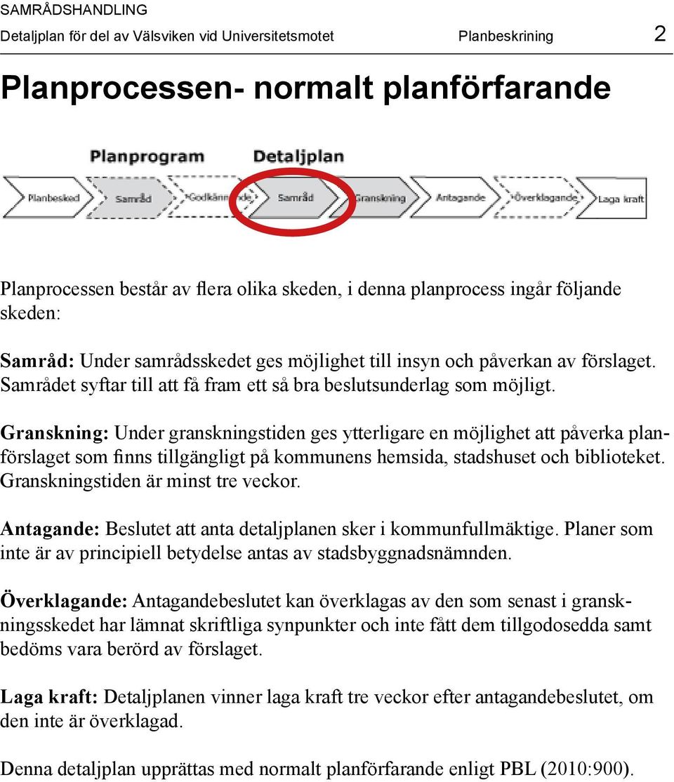 Granskning: Under granskningstiden ges ytterligare en möjlighet att påverka planförslaget som finns tillgängligt på kommunens hemsida, stadshuset och biblioteket. Granskningstiden är minst tre veckor.