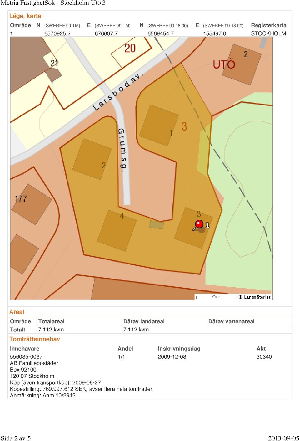0 STOCKHOLM Areal Område Totalareal Därav landareal Därav vattenareal Totalt 7 112 kvm 7 112 kvm Tomträttsinnehav Innehavare Andel