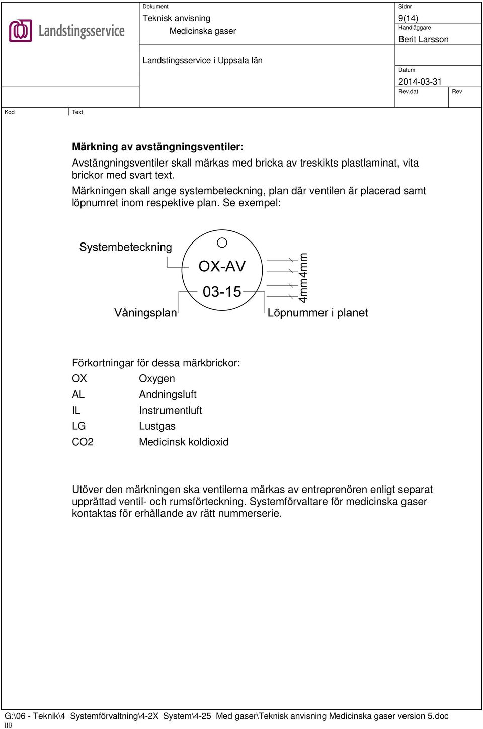 Se exempel: 4mm4mm Förkortningar för dessa märkbrickor: OX Oxygen AL Andningsluft IL Instrumentluft LG Lustgas CO2 Medicinsk koldioxid Utöver den märkningen ska