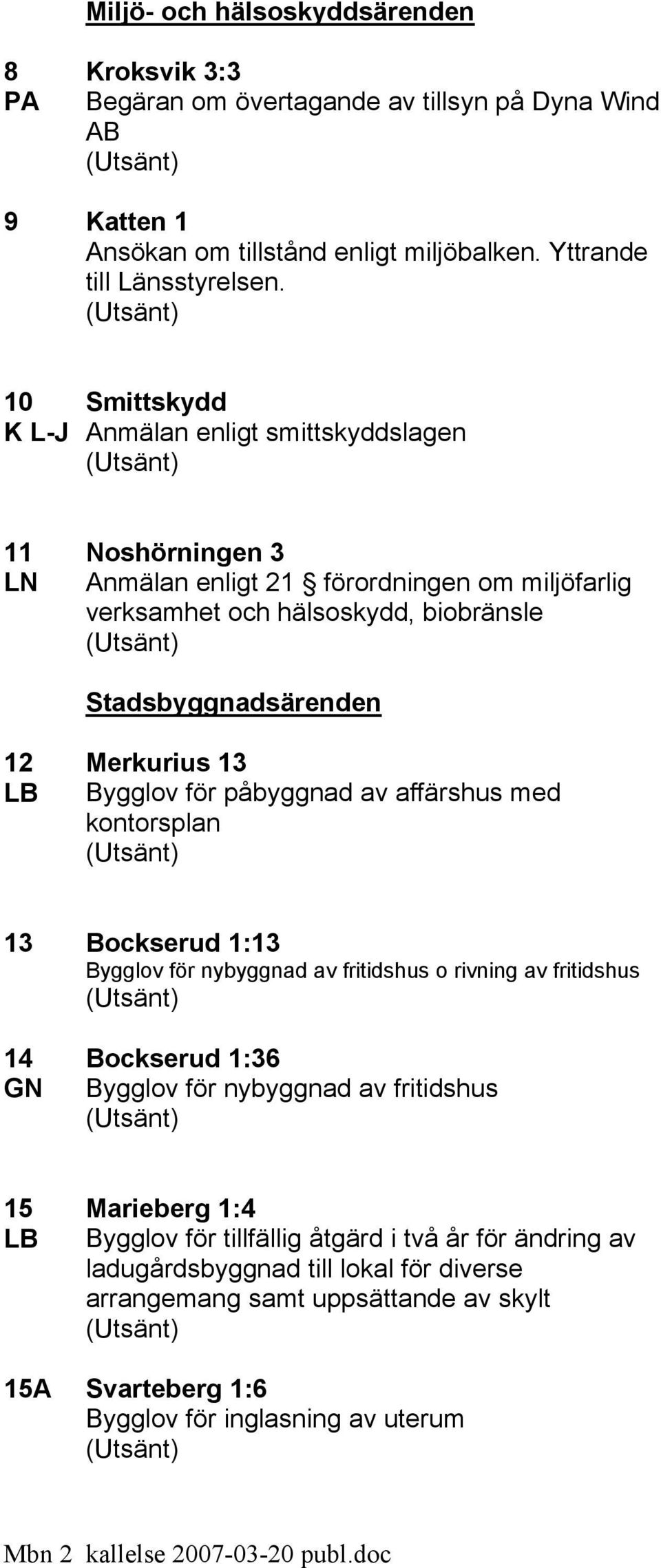 Merkurius 13 Bygglov för påbyggnad av affärshus med kontorsplan 13 Bockserud 1:13 Bygglov för nybyggnad av fritidshus o rivning av fritidshus 14 GN Bockserud 1:36 Bygglov för nybyggnad av