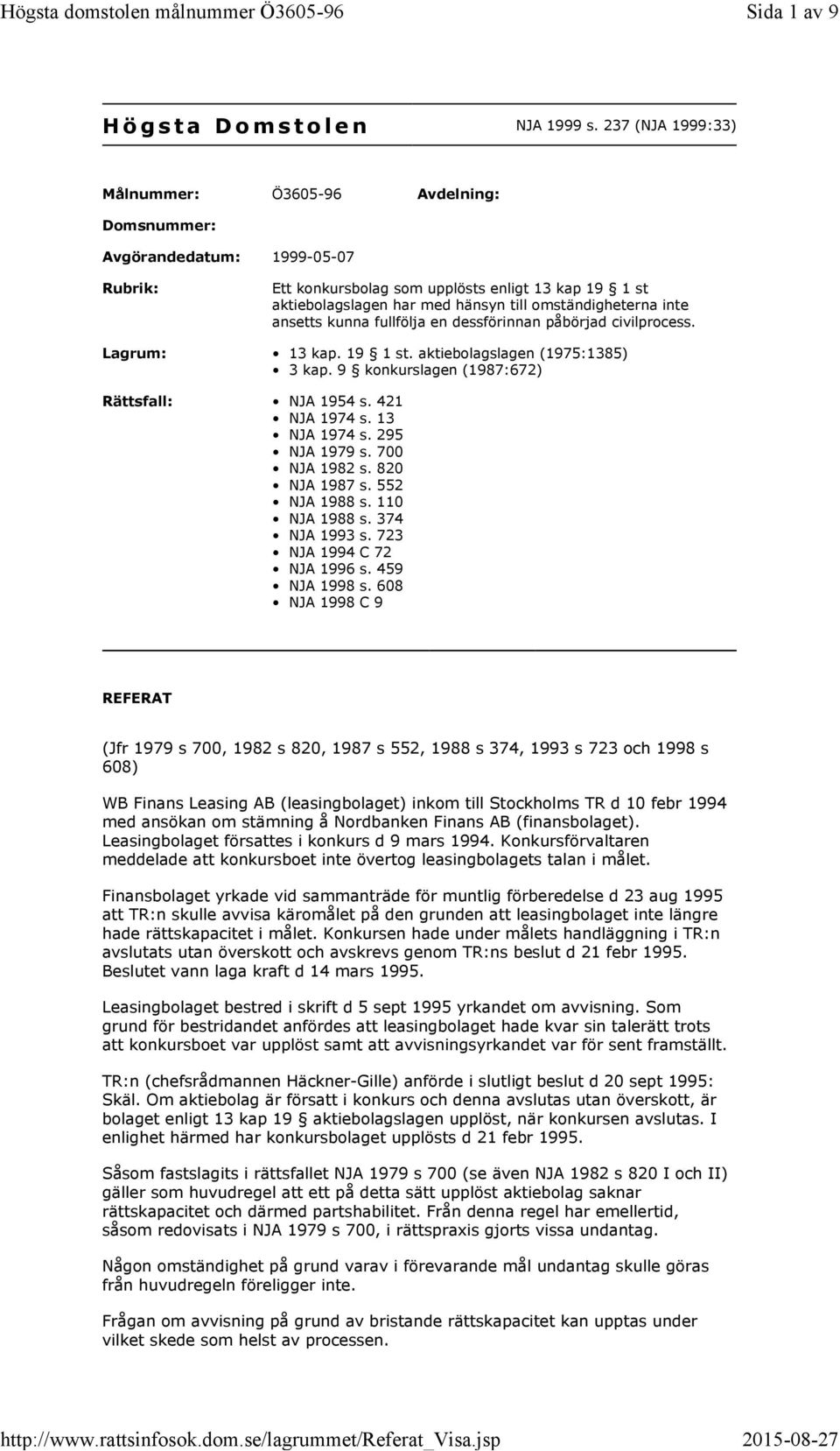 omständigheterna inte ansetts kunna fullfölja en dessförinnan påbörjad civilprocess. Lagrum: 13 kap. 19 1 st. aktiebolagslagen (1975:1385) 3 kap. 9 konkurslagen (1987:672) Rättsfall: NJA 1954 s.