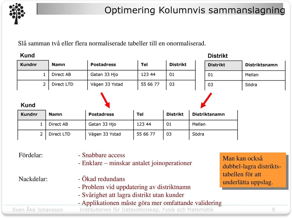 Namn Postadress Tel Distrikt Distriktsnamn 1 Direct AB Gatan 33 Hjo 123 44 01 Mellan 2 Direct LTD Vägen 33 Ystad 55 66 77 03 Södra Fördelar: Nackdelar: - Snabbare access - Enklare